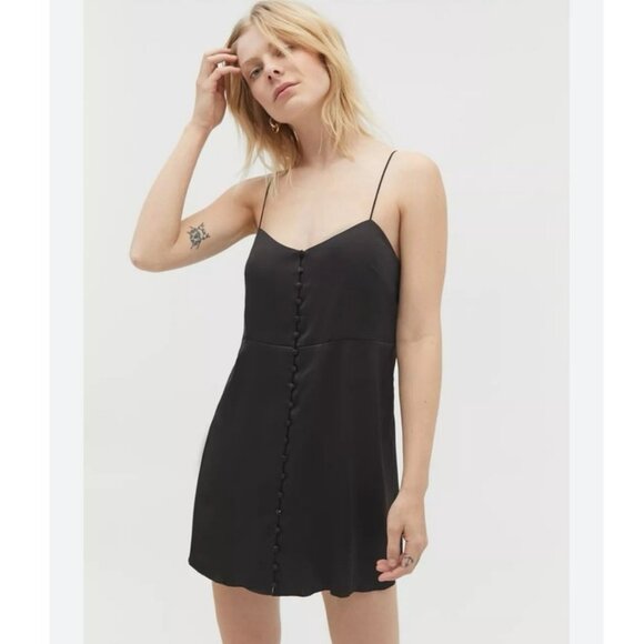 NWOT Urban Outfitters Black Button-Front Satin Slip Dress Women’s Size Small - Picture 1 of 7